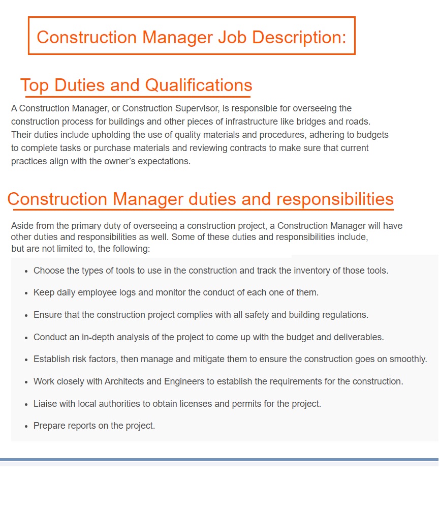 Construction job duties responsibilities