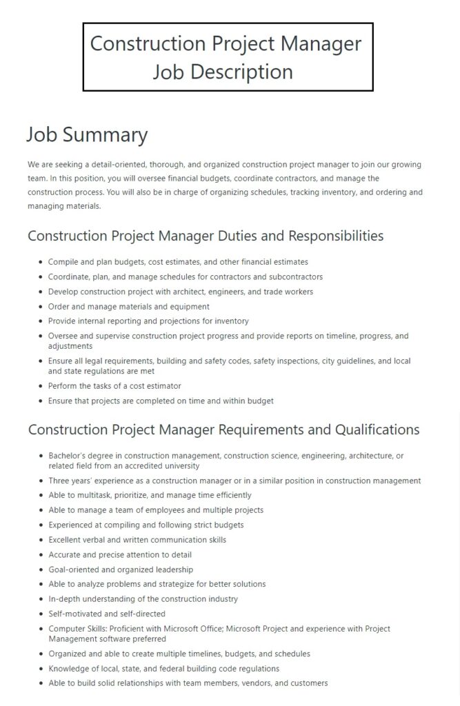 ConstructionProjectManagerJobDescriptionTemplate Free Word